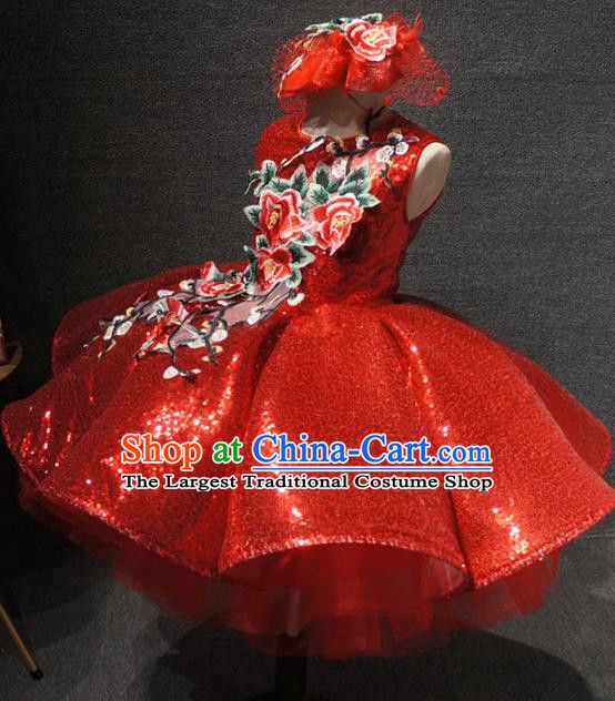 Top Children Day Dance Performance Embroidered Flowers Red Dress Catwalks Stage Show Birthday Costume for Kids