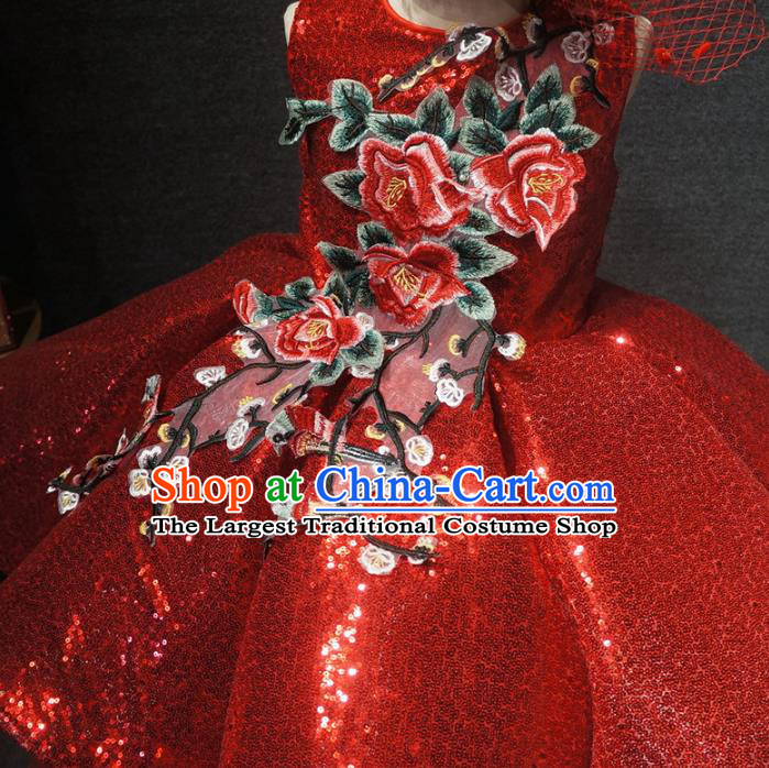 Top Children Day Dance Performance Embroidered Flowers Red Dress Catwalks Stage Show Birthday Costume for Kids