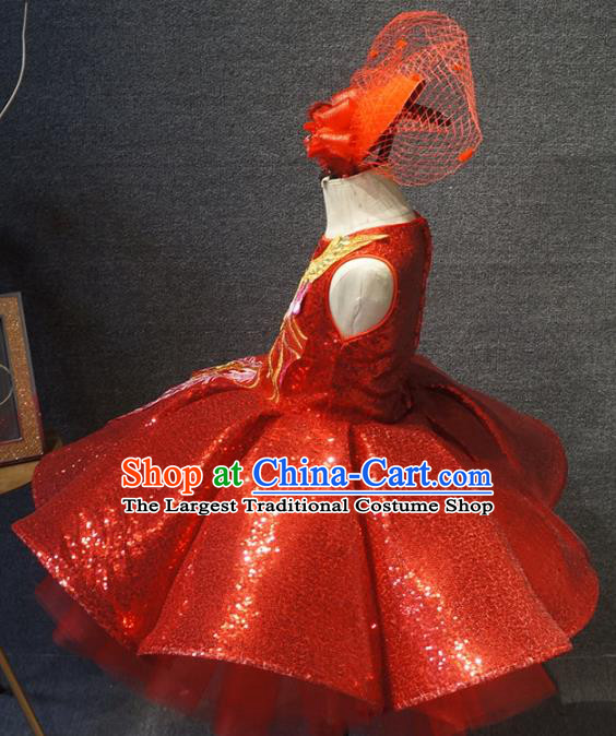 Top Children Day Dance Performance Embroidered Phoenix Red Dress Catwalks Stage Show Birthday Costume for Kids