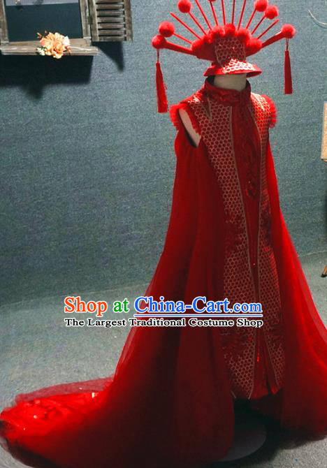 Traditional Chinese Catwalks Red Trailing Qipao Dress Compere Stage Performance Costume for Kids