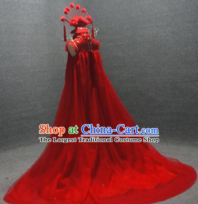 Traditional Chinese Catwalks Red Trailing Qipao Dress Compere Stage Performance Costume for Kids