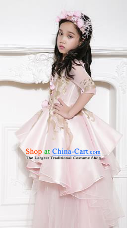 Top Children Fairy Princess Pink Trailing Full Dress Compere Catwalks Stage Show Dance Costume for Kids