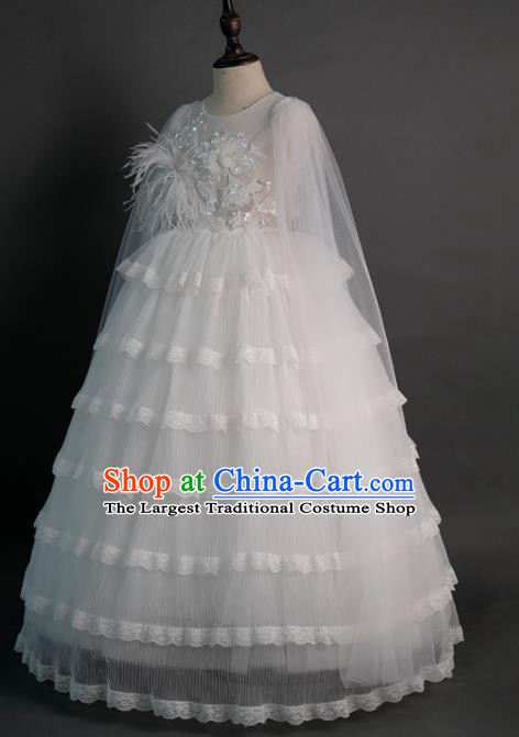 Top Children Fairy Princess White Feather Veil Full Dress Compere Catwalks Stage Show Dance Costume for Kids