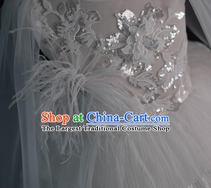 Top Children Fairy Princess White Feather Veil Full Dress Compere Catwalks Stage Show Dance Costume for Kids