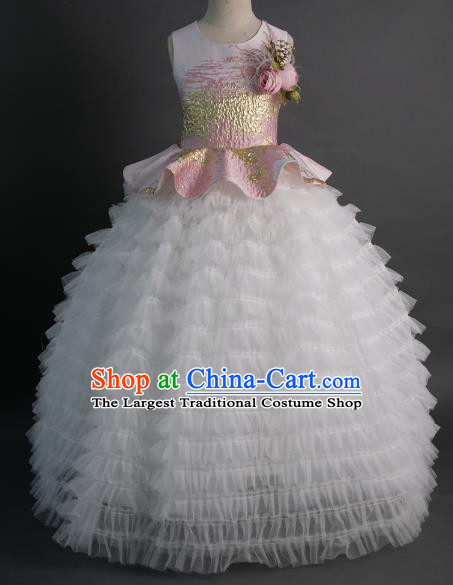 Top Children Fairy Princess Pink Feather Veil Full Dress Compere Catwalks Stage Show Dance Costume for Kids