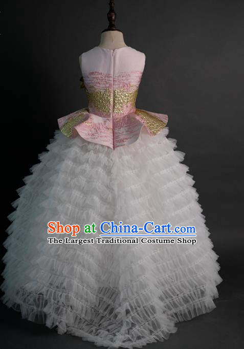 Top Children Fairy Princess Pink Feather Veil Full Dress Compere Catwalks Stage Show Dance Costume for Kids