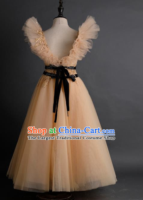 Top Children Fairy Princess Apricot Veil Full Dress Compere Catwalks Stage Show Dance Costume for Kids