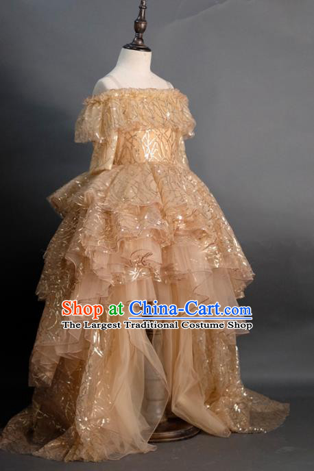 Top Children Fairy Princess Apricot Trailing Full Dress Compere Catwalks Stage Show Dance Costume for Kids