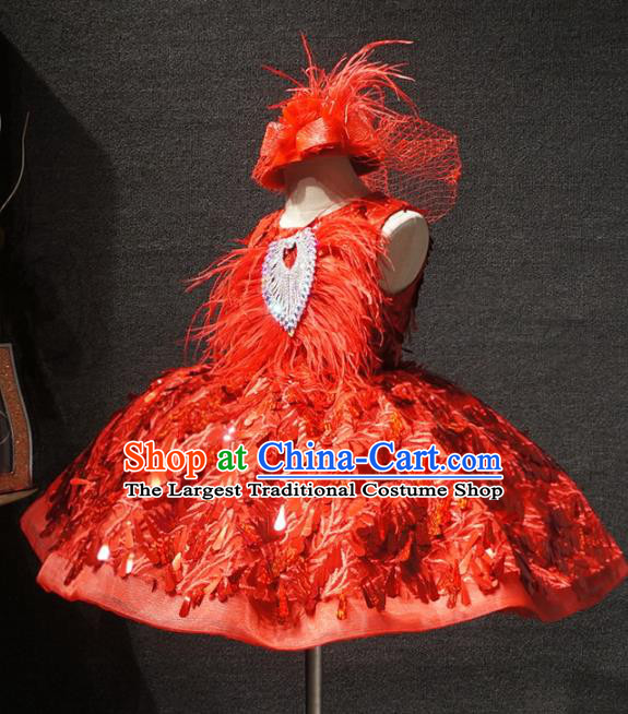 Top Children Kindergarten Performance Red Feather Short Dress Catwalks Stage Show Birthday Costume for Kids