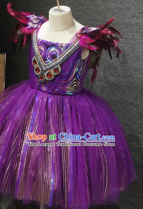 Top Grade Children Day Performance Purple Short Dress Catwalks Stage Show Birthday Costume for Kids