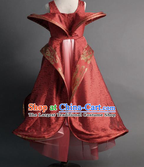 Traditional Chinese Catwalks Red Tang Suit Dress Compere Stage Performance Costume for Kids