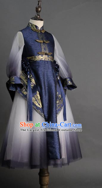 Traditional Chinese Catwalks Tang Suit Navy Dress Compere Stage Performance Costume for Kids