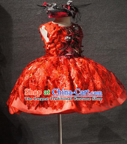 Top Children Kindergarten Performance Red Sequins Short Dress Catwalks Stage Show Birthday Costume for Kids