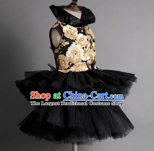 Top Children Fairy Princess Embroidered Black Veil Short Full Dress Compere Catwalks Stage Show Dance Costume for Kids