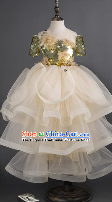 Top Children Fairy Princess Beige Full Dress Compere Catwalks Stage Show Dance Costume for Kids