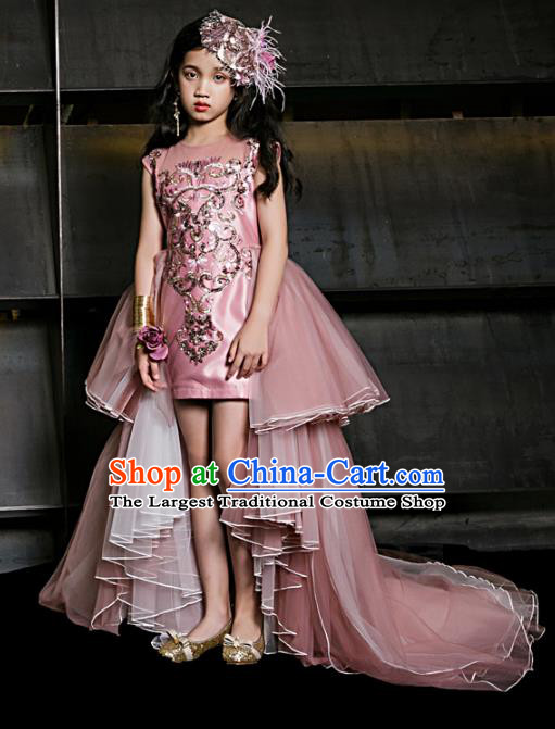 Top Children Fairy Princess Pink Veil Trailing Full Dress Compere Catwalks Stage Show Dance Costume for Kids