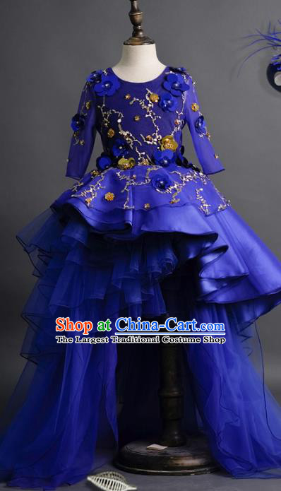 Top Children Fairy Princess Royalblue Veil Trailing Full Dress Compere Catwalks Stage Show Dance Costume for Kids