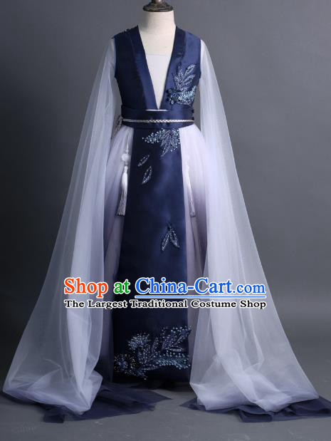 Traditional Chinese Girl Classical Dance Navy Dress Compere Stage Performance Costume for Kids