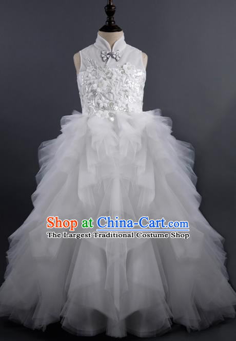Top Children Fairy Princess White Veil Full Dress Compere Catwalks Stage Show Dance Costume for Kids