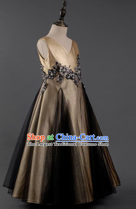 Top Children Fairy Princess Embroidered Golden Full Dress Compere Catwalks Stage Show Dance Costume for Kids