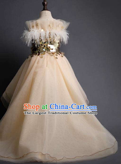 Top Children Fairy Princess Sequins Apricot Full Dress Compere Catwalks Stage Show Dance Costume for Kids