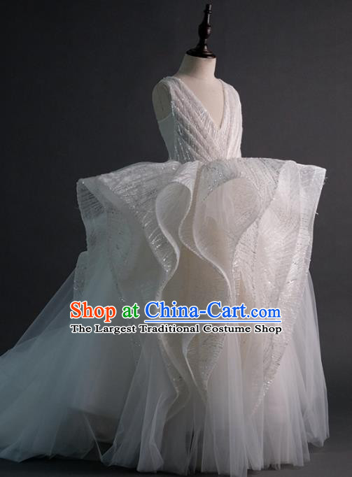 Top Children Flowers Fairy White Veil Trailing Full Dress Compere Catwalks Stage Show Dance Costume for Kids