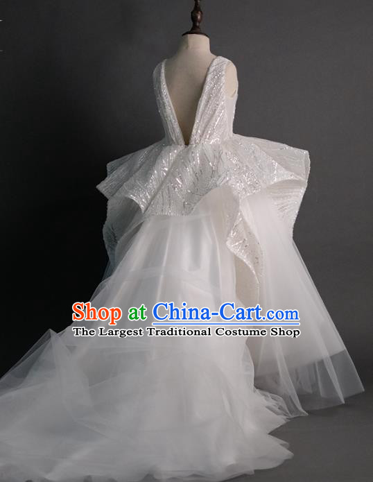 Top Children Flowers Fairy White Veil Trailing Full Dress Compere Catwalks Stage Show Dance Costume for Kids