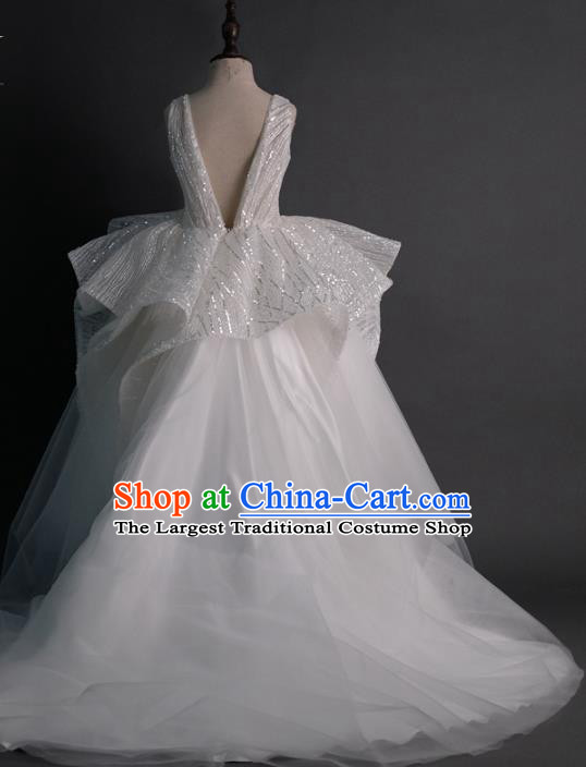 Top Children Flowers Fairy White Veil Trailing Full Dress Compere Catwalks Stage Show Dance Costume for Kids