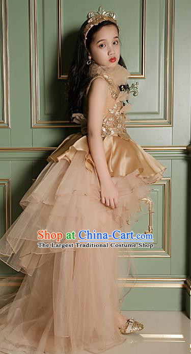 Top Children Flowers Fairy Light Brown Veil Trailing Full Dress Compere Catwalks Stage Show Dance Costume for Kids