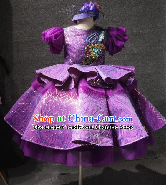 Top Kindergarten Children Performance Purple Short Dress Catwalks Stage Show Birthday Costume for Kids