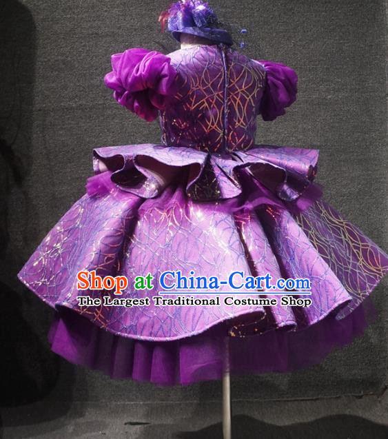 Top Kindergarten Children Performance Purple Short Dress Catwalks Stage Show Birthday Costume for Kids