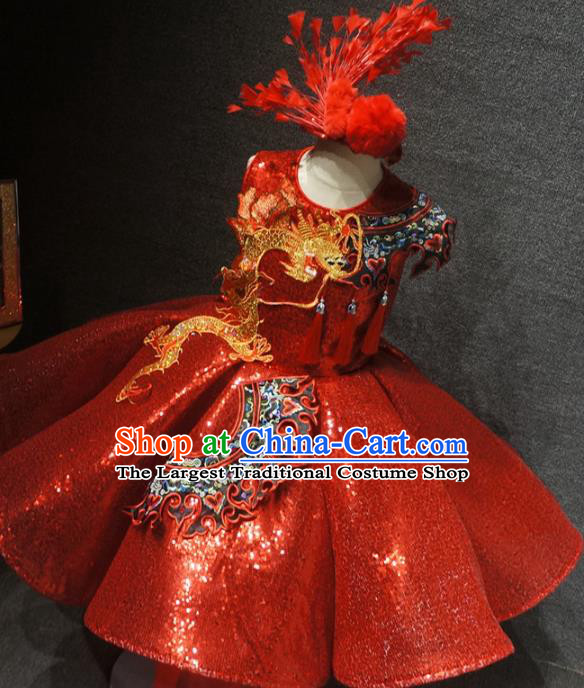 Traditional Chinese Compere Embroidered Dragon Red Full Dress Catwalks Stage Show Costume for Kids