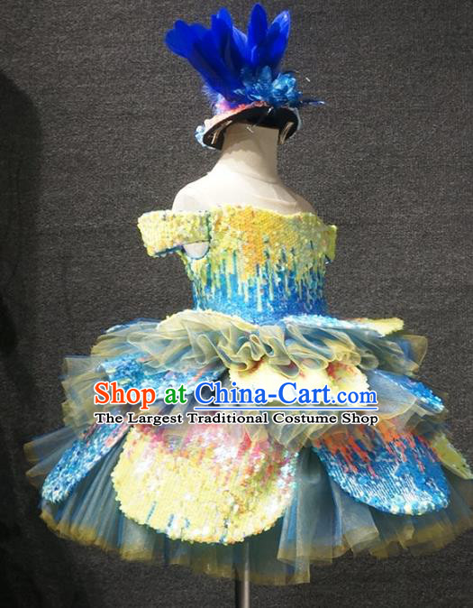 Top Children Dance Blue Bubble Full Dress Catwalks Princess Stage Show Birthday Costume for Kids
