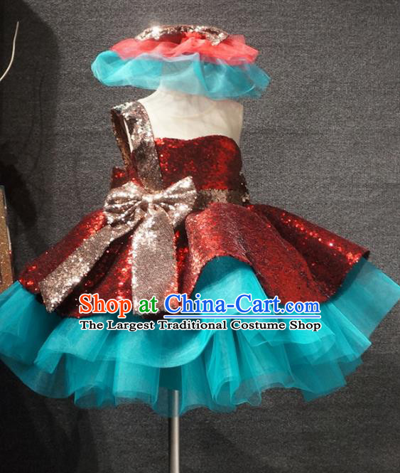 Top Children Dance Purplish Red Paillette Bubble Full Dress Catwalks Princess Stage Show Birthday Costume for Kids