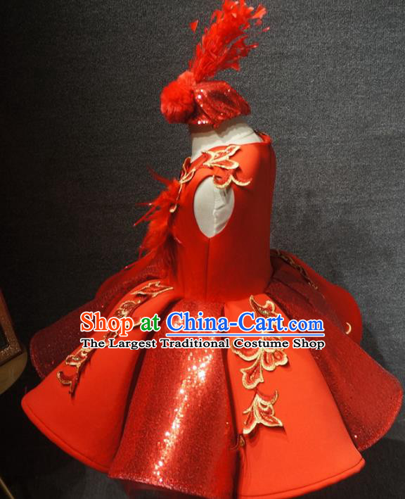 Traditional Chinese Compere Embroidered Red Short Dress Catwalks Stage Show Costume for Kids