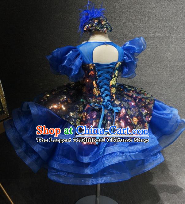 Top Grade Children Day Performance Deep Blue Short Dress Catwalks Stage Show Birthday Costume for Kids