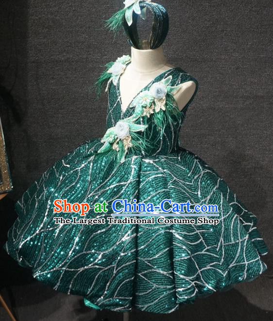 Top Children Dance Green Paillette Short Dress Catwalks Princess Stage Show Birthday Costume for Kids
