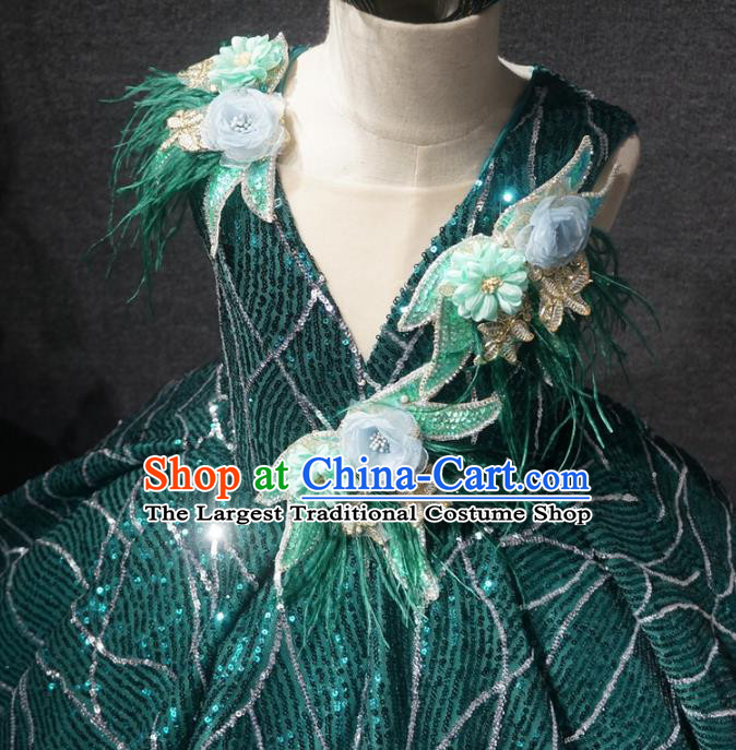 Top Children Dance Green Paillette Short Dress Catwalks Princess Stage Show Birthday Costume for Kids