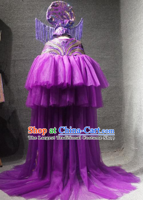 Traditional Chinese Catwalks Performance Purple Qipao Dress Compere Stage Show Costume for Kids