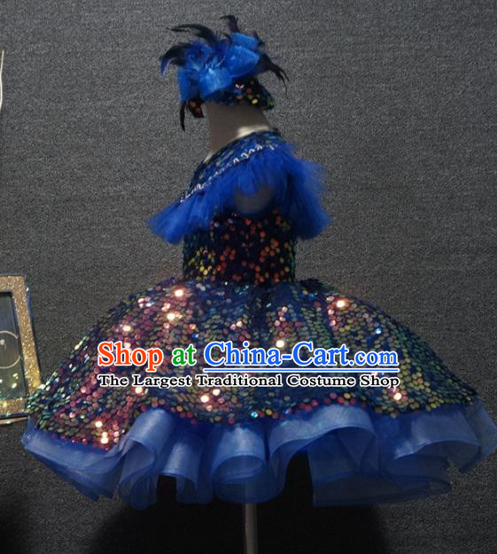 Top Children Dance Royalblue Short Paillette Dress Catwalks Princess Stage Show Birthday Costume for Kids
