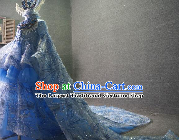 Traditional Chinese Catwalks Performance Embroidered Blue Trailing Dress Compere Stage Show Costume for Kids