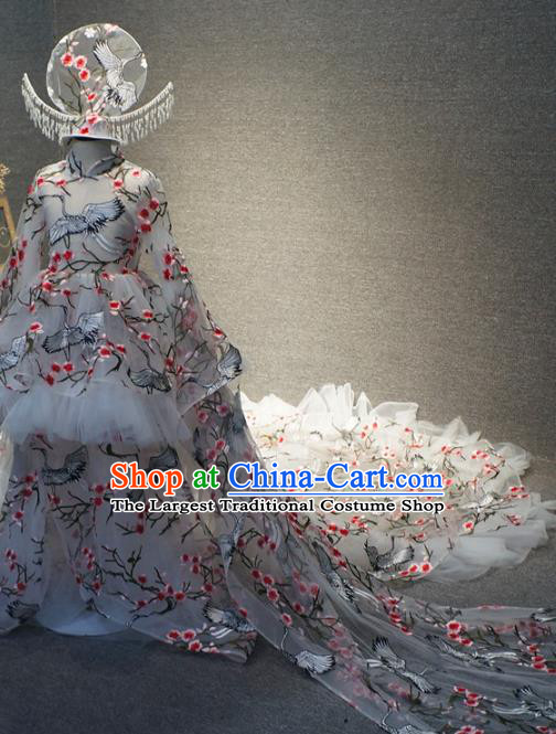 Traditional Chinese Catwalks Embroidered Crane Grey Trailing Qipao Dress Compere Stage Performance Costume for Kids