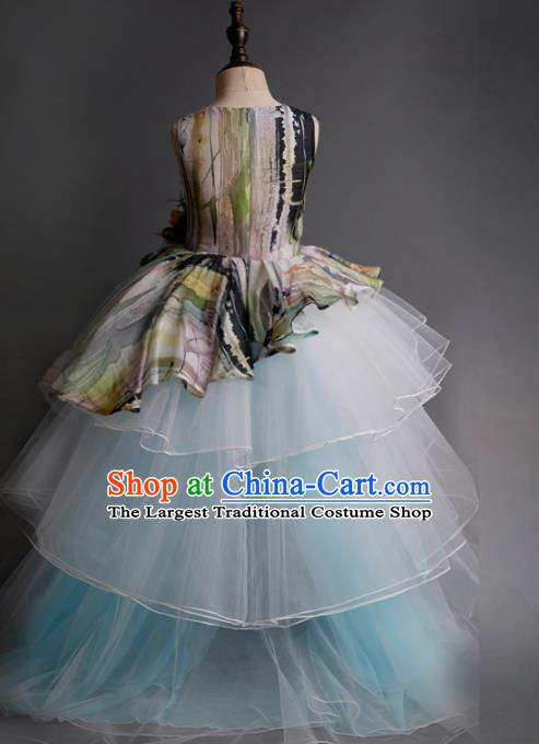 Top Children Fairy Princess Printing Blue Veil Trailing Full Dress Compere Catwalks Stage Show Dance Costume for Kids