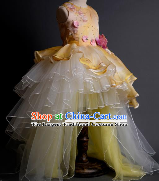 Top Children Fairy Princess Printing Yellow Veil Trailing Full Dress Compere Catwalks Stage Show Dance Costume for Kids