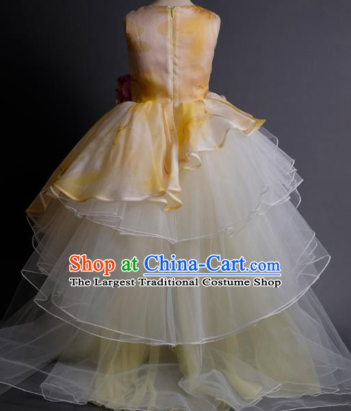 Top Children Fairy Princess Printing Yellow Veil Trailing Full Dress Compere Catwalks Stage Show Dance Costume for Kids