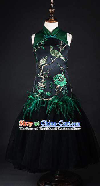Traditional Chinese Girl Embroidered Atrovirens Qipao Dress Compere Stage Performance Costume for Kids