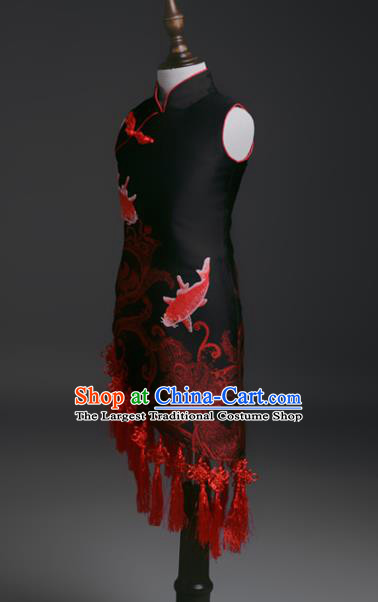Traditional Chinese Girl Embroidered Carp Black Qipao Dress Compere Stage Performance Costume for Kids