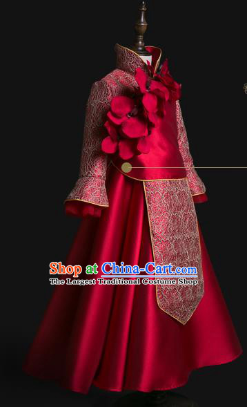 Traditional Chinese Girl Tang Suit Wine Red Dress Compere Stage Performance Costume for Kids