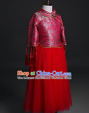 Traditional Chinese Girl Tang Suit Red Veil Dress Compere Stage Performance Costume for Kids
