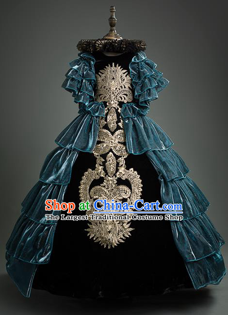 Top Children Cosplay Queen Embroidered Blue Full Dress Compere Catwalks Stage Show Dance Costume for Kids